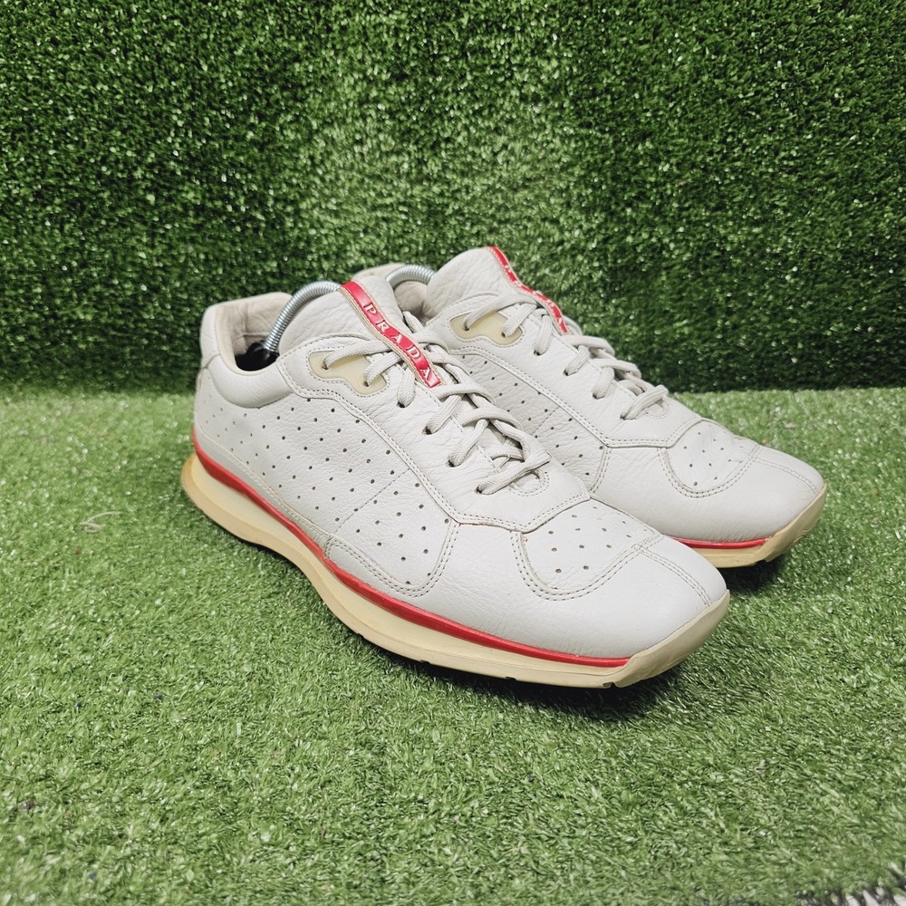 Prada Vintage American Cup Geometric White Leather Sneakers Mens Size 9.5